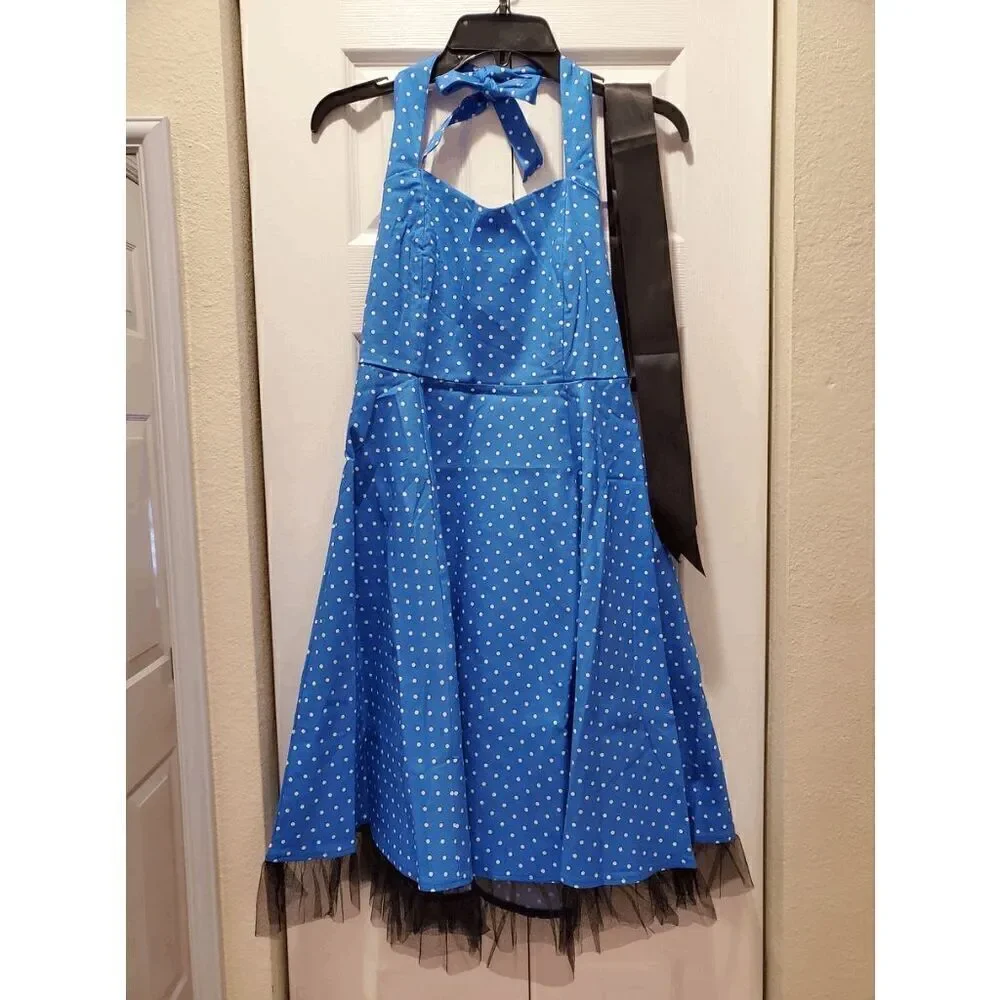 💙 NWT Pinup Retro 1950s Blue Polka Dot Tulle Hem Halter Tea Dress with Belt M - Picture 8 of 14